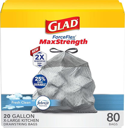 Glad Tall Kitchen Trash Bags 20 Gallon, XL MaxStrength Febreze Fresh Clean Garbage Bags, Drawstring, 80 Count