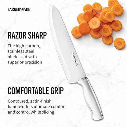 Farberware 15-Piece High-Carbon Stamped Stainless Steel Kitchen Knife Set with Wood Block, Steak Knives, Razor-Sharp, Black, Ultra-Sharp Blades, Ergonomic Comfort Grip