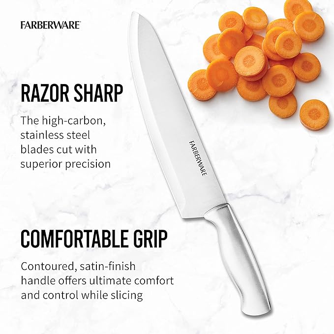 FARBERWARE 8-Piece Kitchen Knife Set with High-Carbon Stainless Steel Blades, Steak Knives, Razor Sharp and Ergonomic
