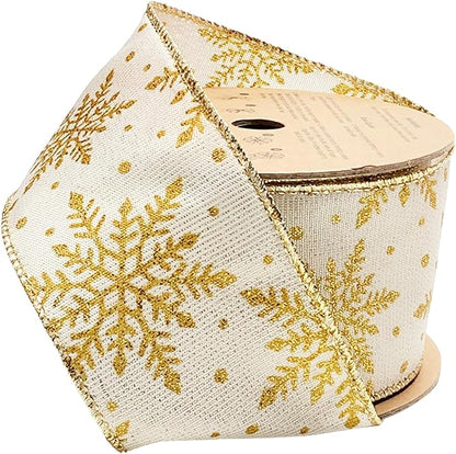 LaRibbons Gold Christmas Wired Ribbon, 2.5 Inch x 10 Yards Gold Snowflake Burlap Ribbon for Tree Decoration,Wreath,Bows,Gift Wrapping