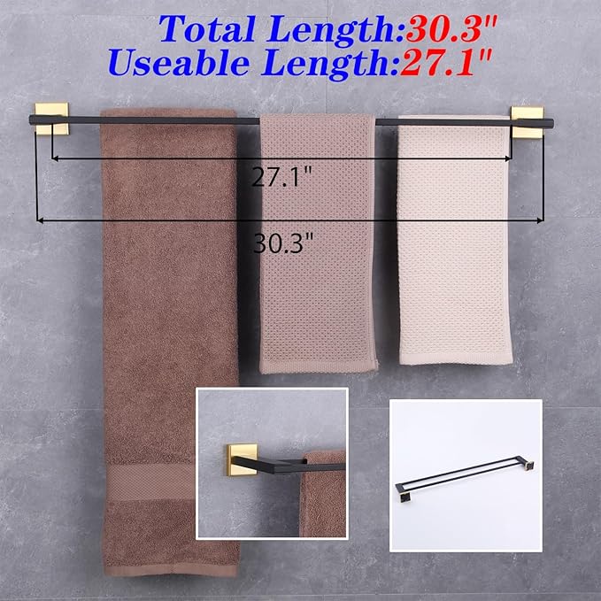 GERZWY 30 Inch Double Towel Bar Rack, Stainless Steel Modren Square Towel Holder for Bathroom Kitchen Wall Mounted (Black  Gold) JG1902C75-BD