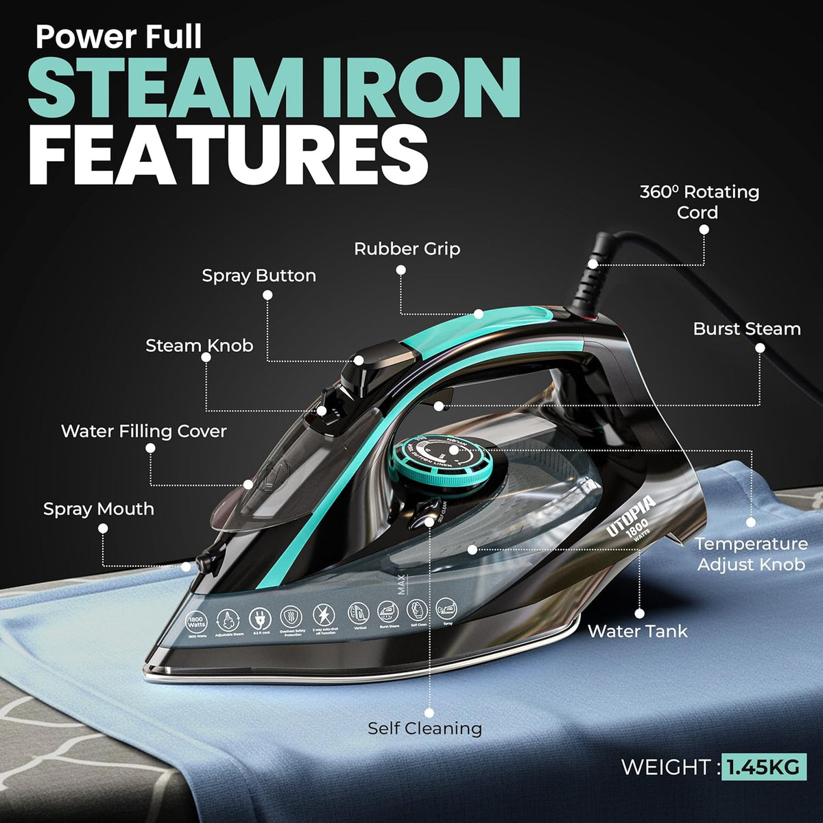 Utopia Home Steam Iron for Clothes - Non-Stick Soleplate - 1800W Clothes Iron With Auto-Off Safety Feature - Adjustable Thermostat Control, Variable Steam Control, Self-Clean, 8 Feet Cord (Black/Teal)