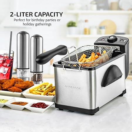 OVENTE Electric Deep Fryer 2 Liter Capacity, 1500 Watt Lid with Viewing Window and Odor Filter, Adjustable Temperature, Removable Frying Basket and Easy to Clean Stainless Steel Body, Silver FDM2201BR