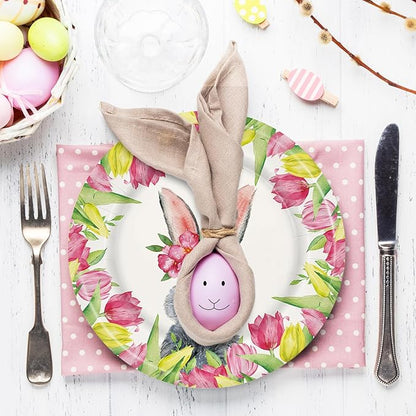 AnyDesign Easter Paper Plates Disposable Tulip Bunny Plates 9 Inch Flower Rabbit Tableware Dessert Plates for Spring Holiday Party Table Decor Supplies, 24Pcs