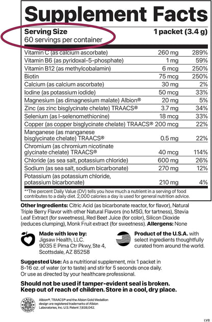 Jigsaw Health Electrolyte Supreme | Broad Spectrum of Electrolytes + Trace Minerals | Berry-Licious Flavor | 60 Servings (Packets)