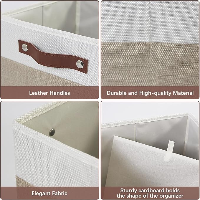 11 inch Open Collapsible Fabric Storage Bins with Vegan Leather Handles, Sturdy Cube Storage Baskets for Shelves, Closet, Nursery, and Home Organization. (White and khaki, (11x11) 4 pack)