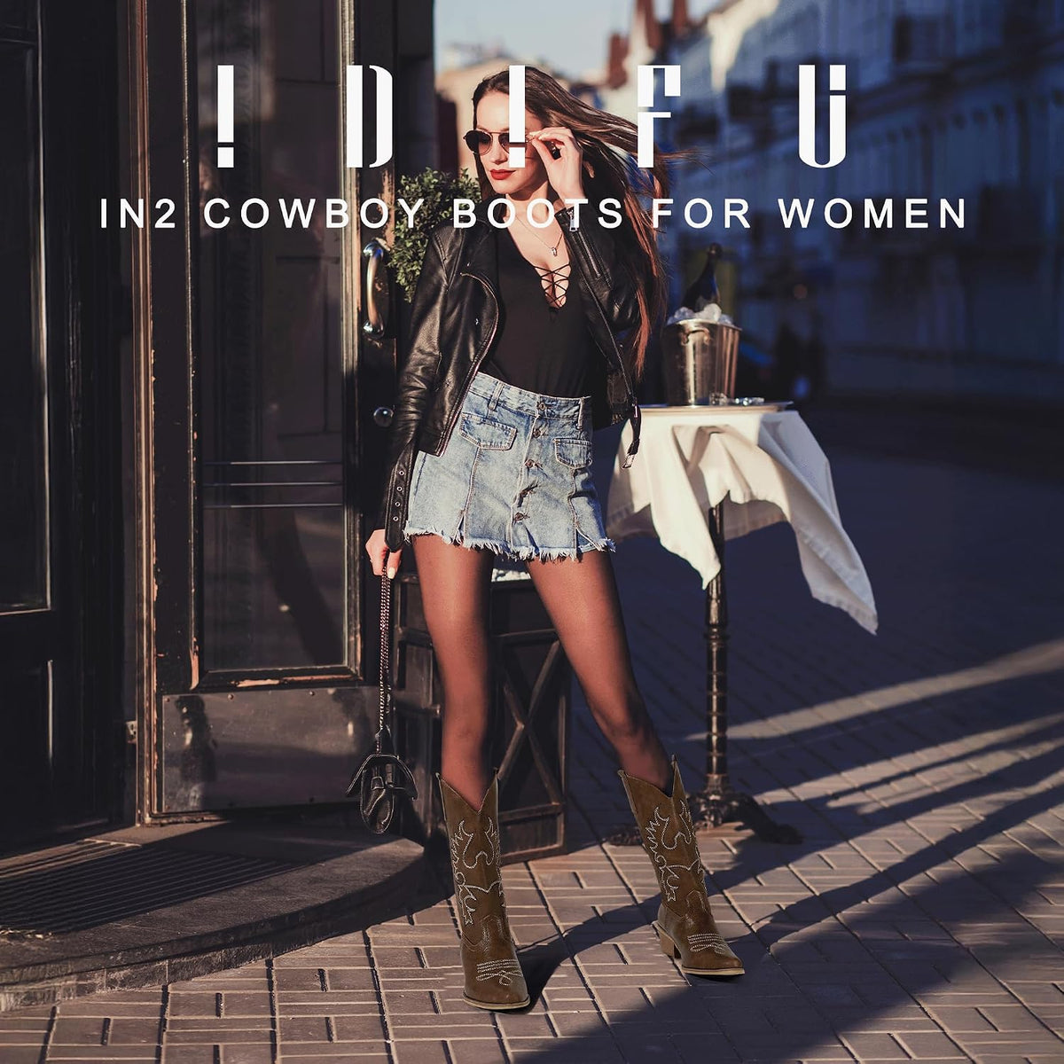 IDIFU Women's Cowboy Boots for Women Cowgirl Western Mid Calf Embroidered Chunky Low Heel Pointed Toe Country Dress Cute Fashion Comfortable Boots Booties