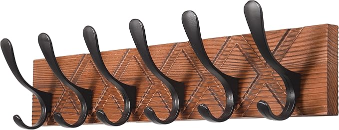 SKOLOO Coat Rack Wall Mount - Antique Wooden Carved- X Cross Coat Hook, Wall Coat Hanger with 6 Hooks for Hanging Coats, Hats, Clothing, Scarfs, Brown & Black