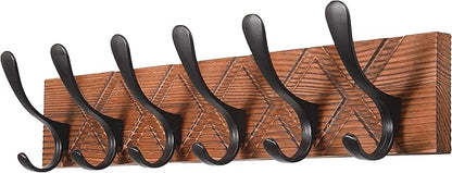 SKOLOO Coat Rack Wall Mount - Antique Wooden Carved- X Cross Coat Hook, Wall Coat Hanger with 6 Hooks for Hanging Coats, Hats, Clothing, Scarfs, Brown & Black