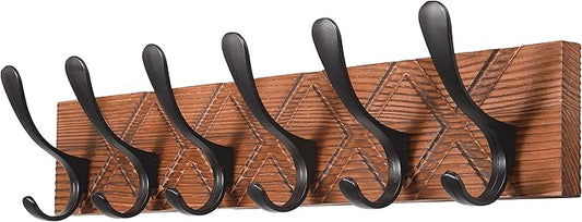 SKOLOO Coat Rack Wall Mount - Antique Wooden Carved- X Cross Coat Hook, Wall Coat Hanger with 6 Hooks for Hanging Coats, Hats, Clothing, Scarfs, Brown & Black