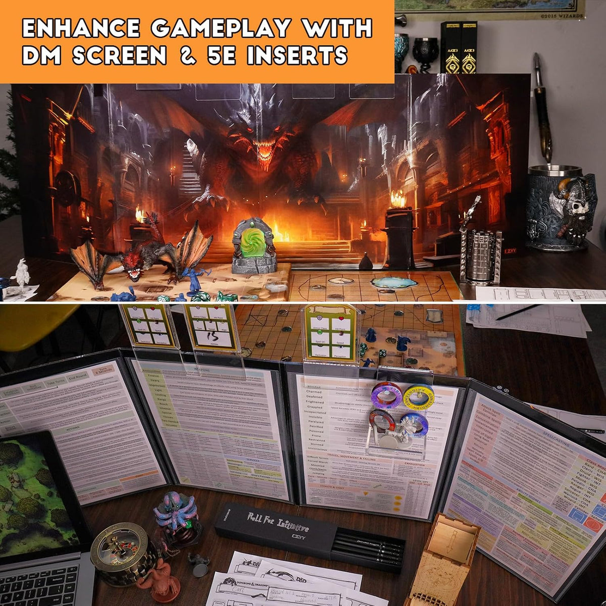 CZYY RPG Starter Set, Foldable Battle Mat, DM Screen, Game Tokens & Dice 2-Sided Wet & Dry Erase Terrain Map, Scenery Pieces & Marker Pens, DND Starter Accessories, Gift for Player & Dungeon Master