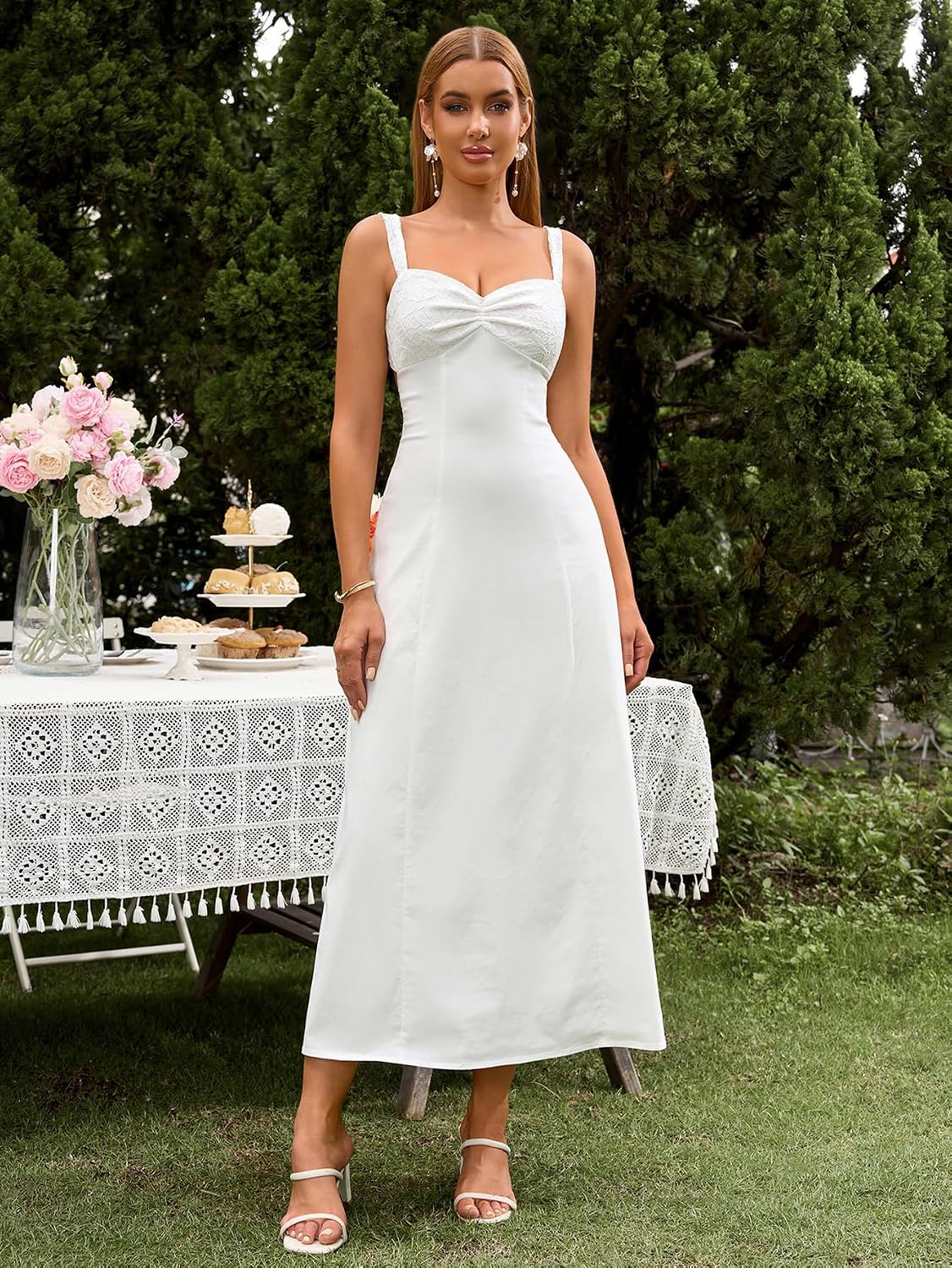 EYNMIN Lace Strap Midi Dress Sweetheart Neckline Bow Tie Backless A Line Wedding Guest Dresses for Women Casual Sundress