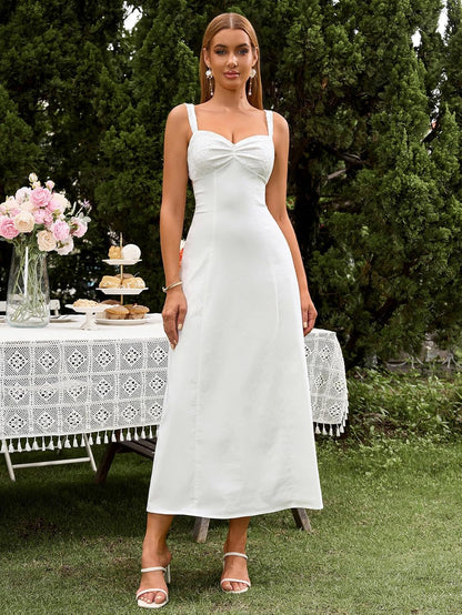 EYNMIN Lace Strap Midi Dress Sweetheart Neckline Bow Tie Backless A Line Wedding Guest Dresses for Women Casual Sundress