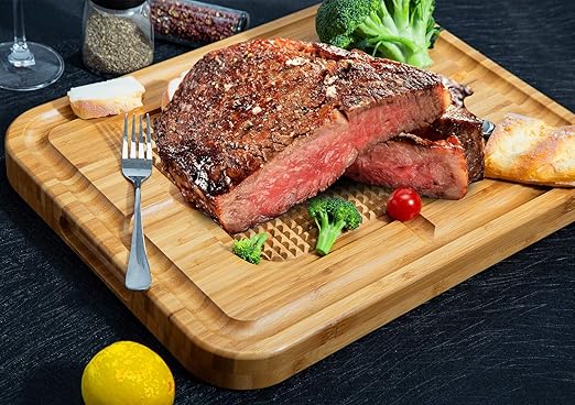 eletecpro Turkey Cutting Board with Grid Grip, Large 17x13x1.5 Inch Bamboo Steak Carving Board, Thick Butcher Block Reversible with Deep Juice Drip Grooves, Thick Serving Tray,Natural
