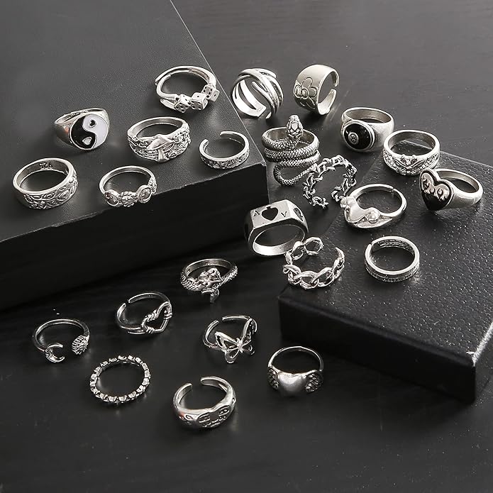 Vintage Silver Open Punk Rings for Men Women, 24PCS Adjustable, Alt, Chunky, Hippie, Gothic, Statement Stacking, Skull Snake Star Flower Heart Eboy Emo Y2K