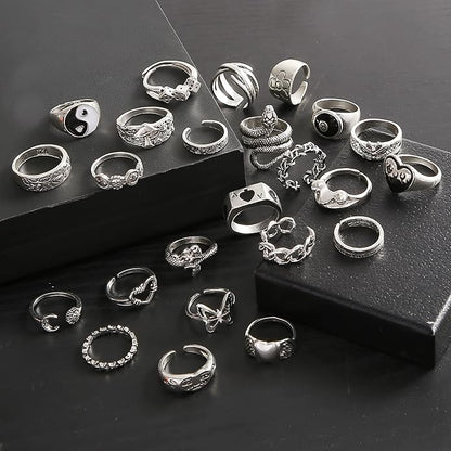 Vintage Silver Open Punk Rings for Men Women, 24PCS Adjustable, Alt, Chunky, Hippie, Gothic, Statement Stacking, Skull Snake Star Flower Heart Eboy Emo Y2K
