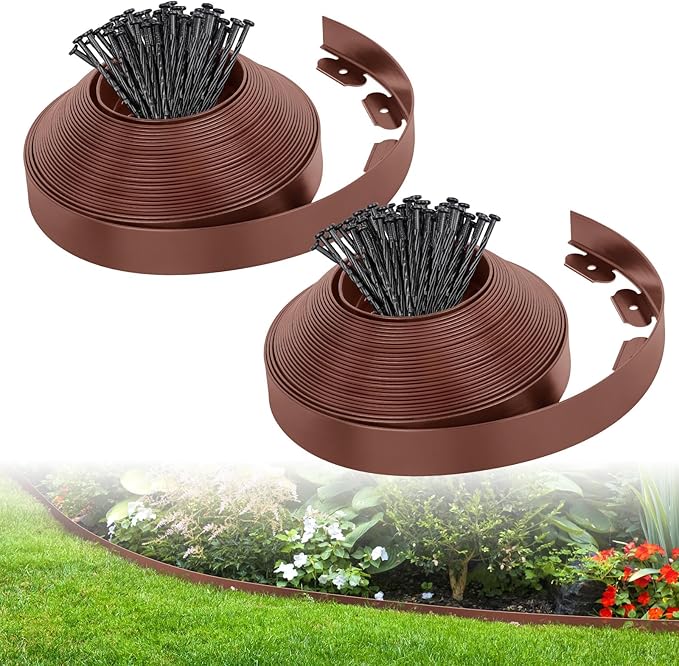 2 Inch x 66FT Landscape Edging Border with 100 Spikes, Garden Edging Lawn Edging Border Kit, Plastic Edging Border Flexible for Garden Flower Beds Lawn Yard Pathway (Brown)