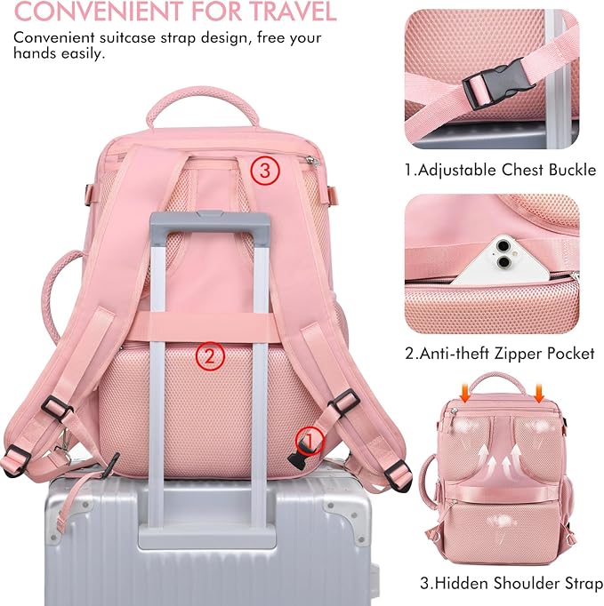 Beraliy Large Travel Backpack for Women, Personal Item Bag Airline Approved, Carry On Luggage, 17.3 inch Laptop Backpack, Waterproof Backpack,Hiking Backpack, Pink