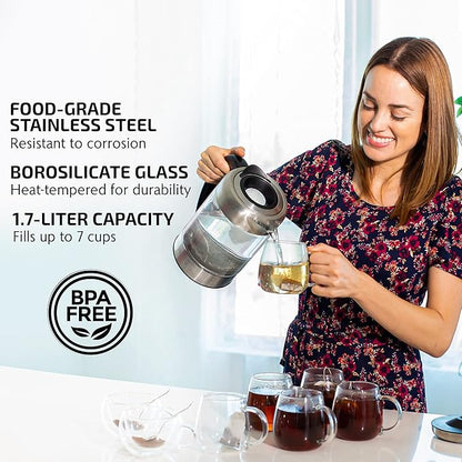 OVENTE Electric Kettle with 1.7L Borosilicate Glass, 1500W Instant Water Boiler and Heater for Coffee or Tea, BPA Free, Easy to Fill Lid, Auto Shut-Off and Boil Dry Protection, Silver KG6120S
