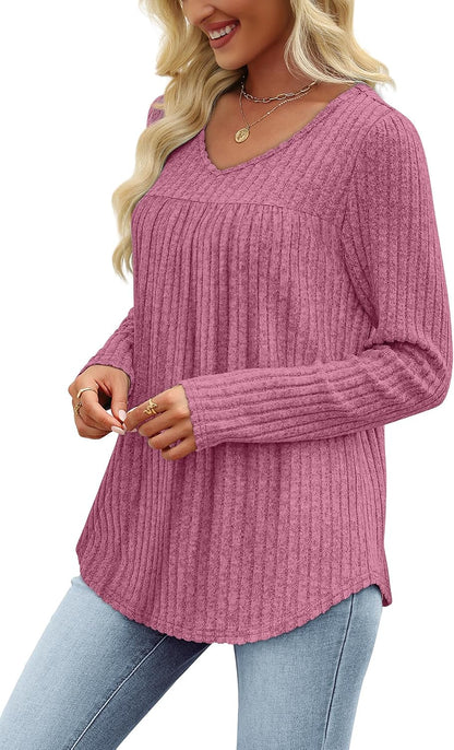 WIHOLL Long Sleeve Shirts for Women V Neck Lightweight Sweaters Casual Tunic Tops Outfits Fall Fashion Spring Clothes 2026.