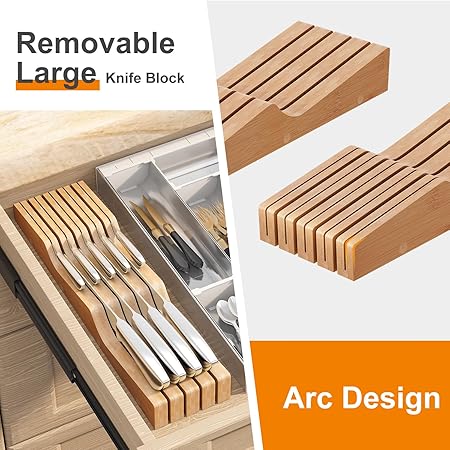 In-Drawer Knife Block Organizer - Bamboo Wood Drawer Knife Holder-Protecting Knife Organizer Block Holds Up To 9 Knives(Not Included)