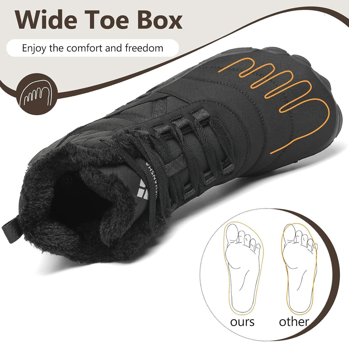 Mishansha Mens Womens Winter Barefoot Boots Warm Fur Lined Wide Toe Box | Winter Hiking Boots Zero Drop Sole Snow Ankle Boots Wide Width Barefoot Shoes No Slip