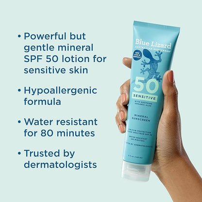 BLUE LIZARD Sensitive Mineral Sunscreen with Zinc Oxide 50 Water Resistant UVAUVB Protection with Smart Cap Technology Fragrance Free, Sensitve, SPF 50 - - Tube, Unscented, 5 Fl Oz