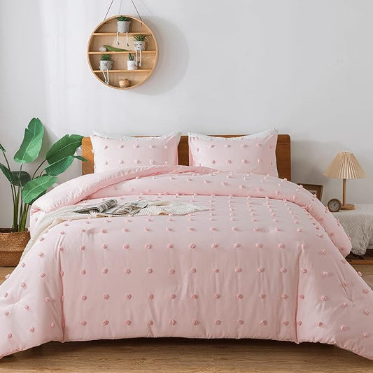 Paxrac Pink TwinTwin XL Comforter Set (68x90 inches), 2 Pieces- Soft Cotton Lightweight Blush Comforter with 1 Pillowcase, Chenille Dots All Season Down Alternative Comforter Set for Bedding