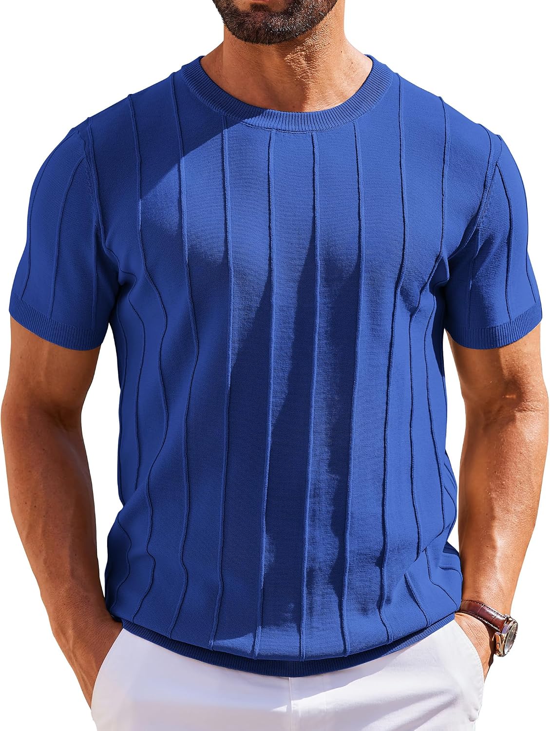 COOFANDY Men's T- Shirts Short Sleeve Knit Sweater Shirt Casual Crewneck Ribbed Pullover Tees.