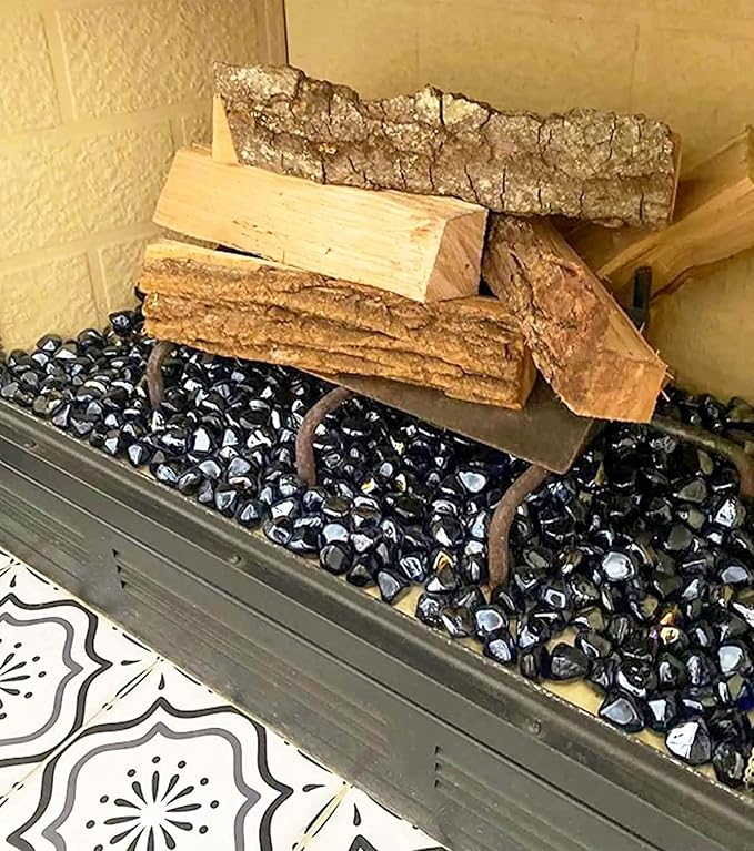GRISUN Onyx Black Fire Glass Diamonds for Fire Pit, 1 Inch High Luster Reflective Tempered Glass Rocks for Natural or Propane Fireplace, Safe for Outdoors and Indoors Firepit Glass, 20 Pounds