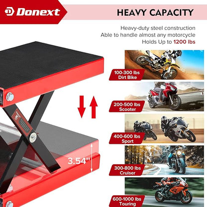 Donext Motorcycle Lift Scissor Jack, 1200 LB Capacity Wide Deck Hoist Stand Maintenance Bikes ATVs Garage Repair Center Stand Lift Jack, Red