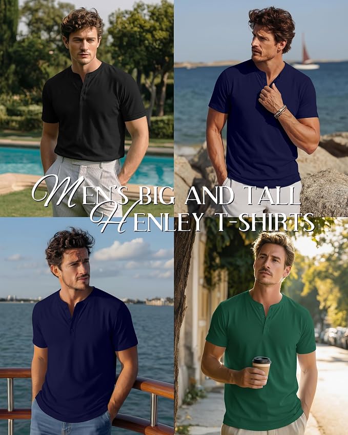 Ficerd 1 piece Men's Big and Tall Henley T-Shirts Short Sleeve Plus Size Tee Loose Casual Shirts Basic Oversized Tops