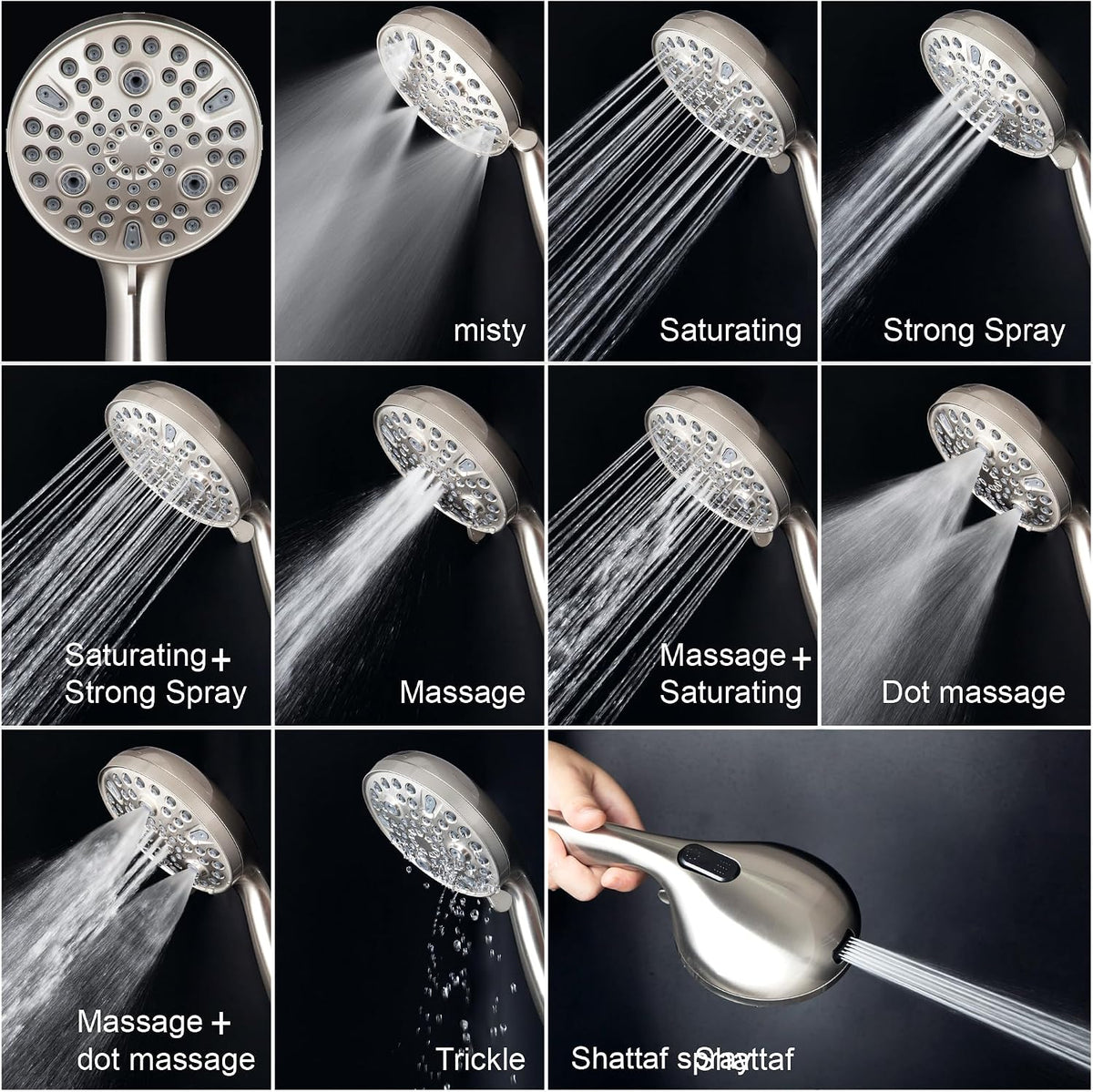 XMJAS-TURN High Pressure 10-mode Handheld Shower Head - Anti-clog Nozzles,Built-in Power Wash to Clean Tub, Tile & Pets,Extra Long 5 ft.Stainless Steel Hose, Copper interface shower holder