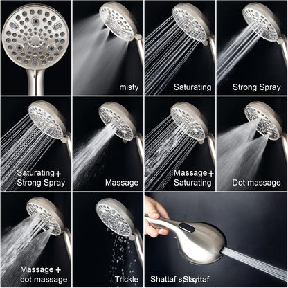 XMJAS-TURN High Pressure 10-mode Handheld Shower Head - Anti-clog Nozzles,Built-in Power Wash to Clean Tub, Tile & Pets,Extra Long 5 ft.Stainless Steel Hose, Copper interface shower holder