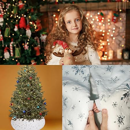 Christmas Tree Skirt, 48 Inch White Luxury Faux Fur  Silver Sequin Snowflakes, 4ft Xmas Tree Skirt for Holiday Tree for Holiday Ornaments Party