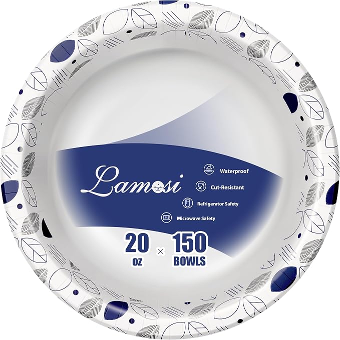 Lamosi 150 Counts 20 oz Paper Bowls, Heavy Duty Soak Proof Paper Bowls, Microwave Safe, Disposable Bowls Bulk for Breakfast, Lunch, and Dinner Meals