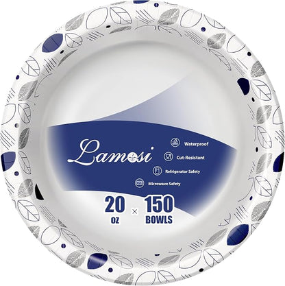 Lamosi 150 Counts 20 oz Paper Bowls, Heavy Duty Soak Proof Paper Bowls, Microwave Safe, Disposable Bowls Bulk for Breakfast, Lunch, and Dinner Meals