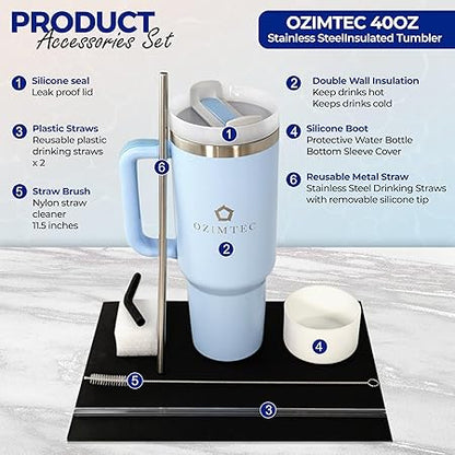 Tumbler 40oz Insulated Stainless Steel Light Blue I Silicone Boot Sleeve I Silicone Straw I Stainless Steel Straw I Cleaning Brush
