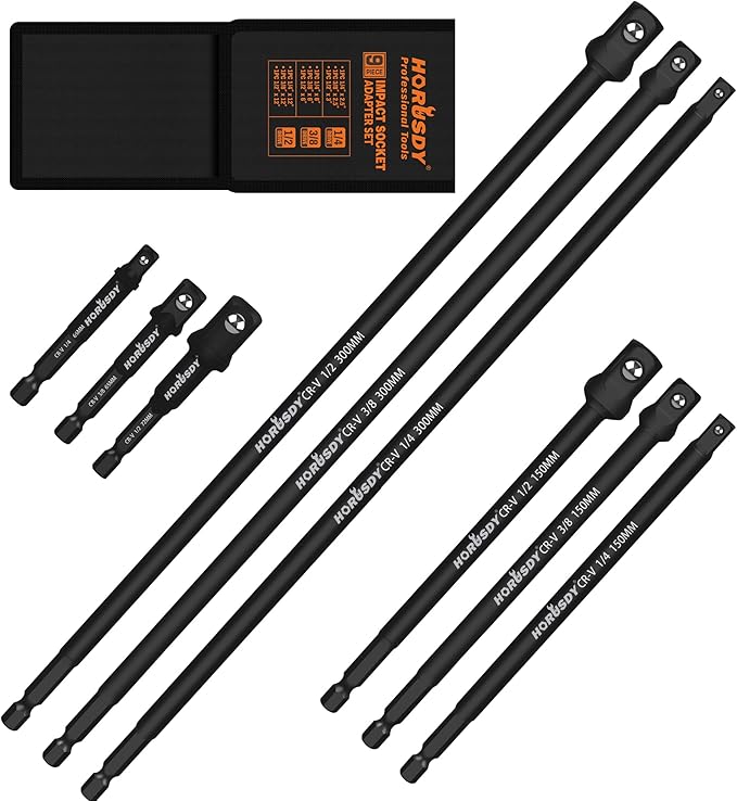 HORUSDY 9-piece adapter set, 3-inch, 6-inch and 12-inch hex shank, 14-inch hex shank 38-inch 12-inch