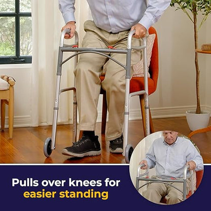 Drive Medical 10210-1 2-Button Folding Walker with Wheels, Rolling Walker, Front Wheel Walker, Lightweight Walkers for Seniors and Adults Weighing Up To 350 Pounds, Adjustable Height, Silver