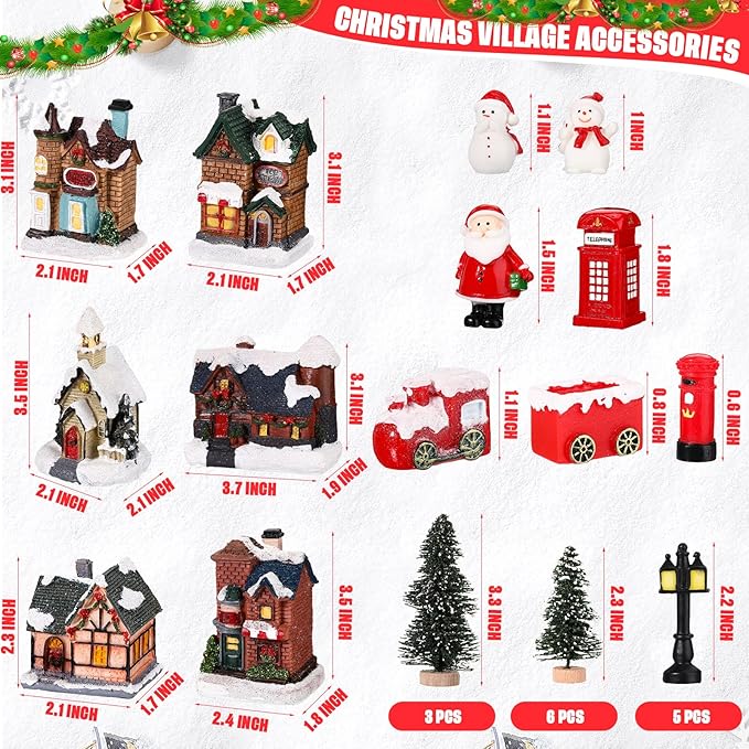 Zubebe 22 Pcs Christmas Village Houses Sets LED Holiday Village Figurines Collection Buildings Christmas Scene Desktop Ornaments Xmas Indoor Room(Cute Style)