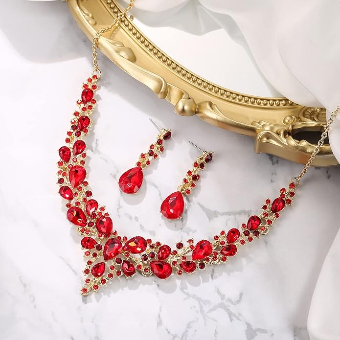 BriLove Women's Wedding Bridal Austrian Crystal Teardrop Cluster Statement Necklace Dangle Earrings Jewelry Set