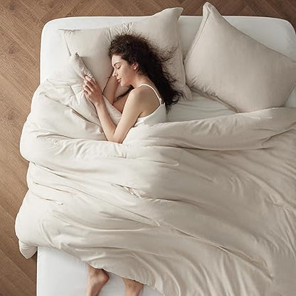 Bedsure Queen Comforter Set - Beige Soft Bedding for All Seasons, Cationic Dyed Bed Set, 3 Pieces, 1 Queen Size Comforter (90"x90") and 2 Pillow Shams (20"x26"2")
