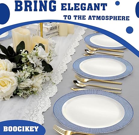 Blue Plastic Plates,7.5 Inch Blue Dessert Plates,White with Blue Rim Premium Plastic Appetizer PlatesSmall Cake Plates for Weddings Easter Graduations Party