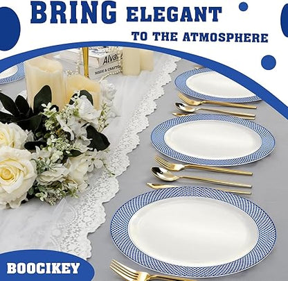 Blue Plastic Plates,7.5 Inch Blue Dessert Plates,White with Blue Rim Premium Plastic Appetizer PlatesSmall Cake Plates for Weddings Easter Graduations Party