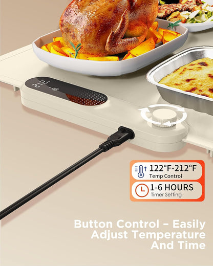 FEPPO Food Warming Mat, (XXL 35”x16”) Electric Warming Trays for Buffets Party, Fast Full-Surface Heating Mat for Food with 19 Level Adjustable Temperature and 6 Hours Timer, Roll Up Food Warmer