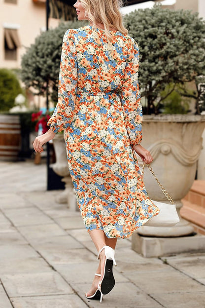 PRETTYGARDEN Women's Floral Boho Dress Fall Long Sleeve Wrap V Neck Ruffle Flowy Maxi Spring Wedding Guest Vacation Dresses