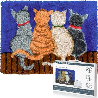Latch Hook Rug Kit DIY Crochet Carpet for Beginners, Cats Patterns Pre-Printed Canvas Yarn Rug Hooking Kits, Creative Craft Home Decor Ideal for Learning Rug Making, Blue