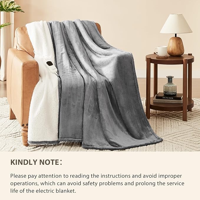Homemate Heated Blanket Electric Throw - 50"x60" Heating Blanket Throw 12468 Hours Auto-off 10 Heat Level Heat Blanket Over-heat Protection Flannel Sherpa Heater Blanket Electric ETL Certification