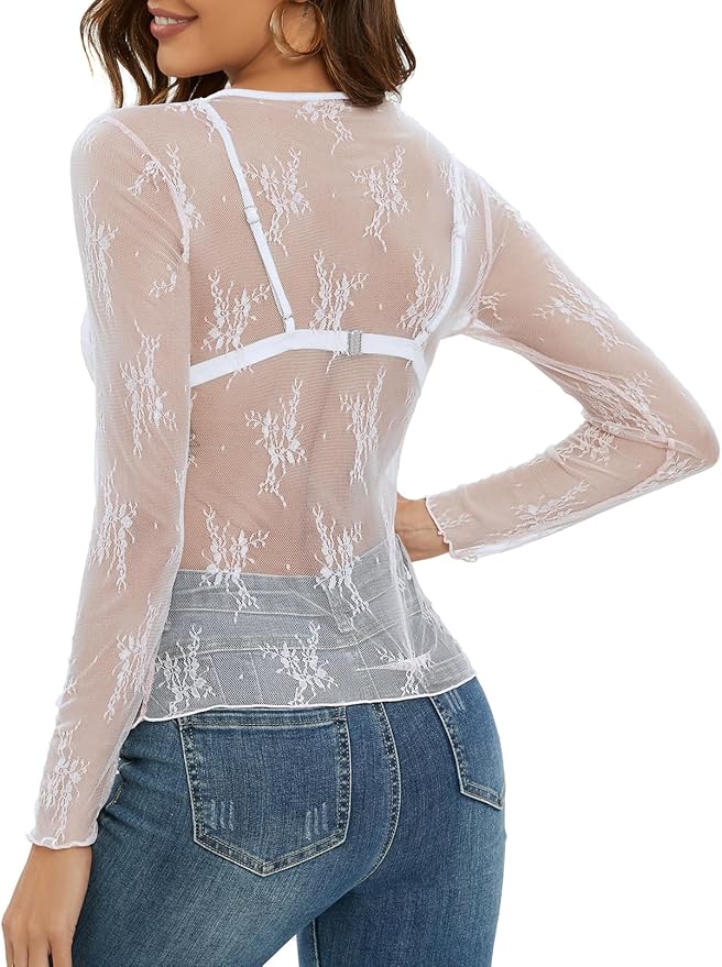 MEROKEETY Womens 2025 Spring Lace Sheer Mesh Top Crewneck Sexy Y2k See Through Going Out Long Sleeve Blouse Shirts
